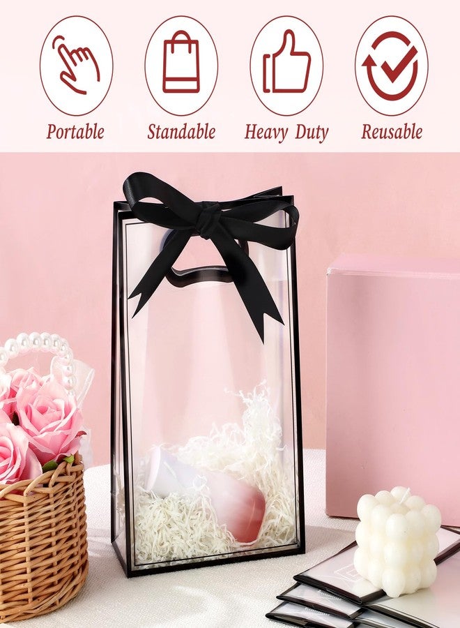 SHENLIU 24 Pcs Clear Plastic Gift Bag with Die Cut Handles, Reusable PP Favor Bag with Ribbon for Christmas Wedding Bridal Birthday Baby Shower Party Small Business, 7x10x3.15 Inch(Black) - Image 4